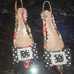 Betsey Johnson Black Floral and Polka Dot Heels